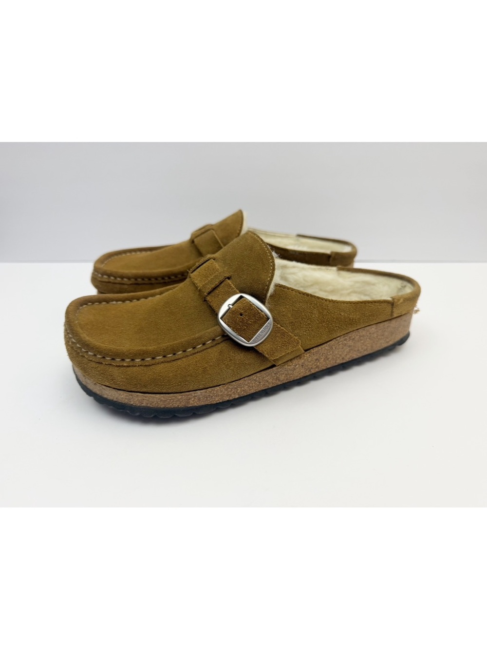 Birkenstock Buckley Shearling Suede Leather Slip On Loafer Clog Tan Size 40